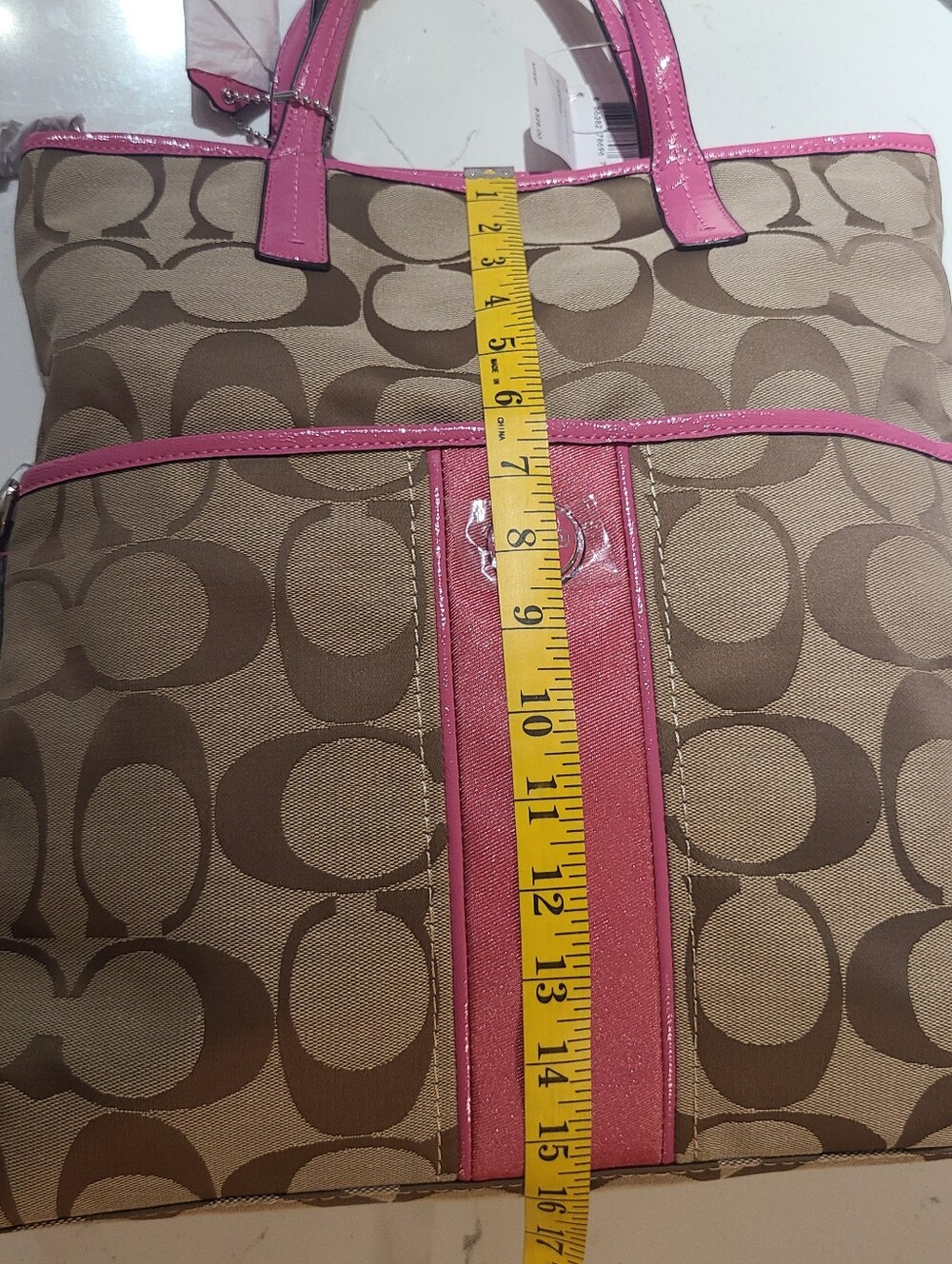 COACH Signature Stripe Khaki/Mulberry Pink Tote Bag Crossbody Purse NWT - Picture 11 of 12